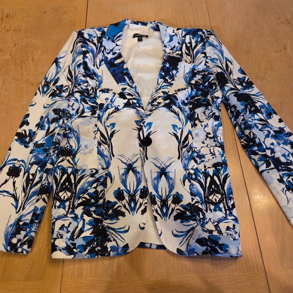 Bebe Womens Blue White Floral Abstract Print One Button Blazer Jacket Size M